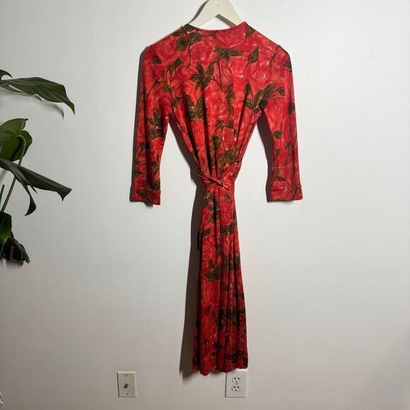 Fiori Di Zucca Silk Wrap Dress Women S Red Orange Leaf Print Knee Length Career - Picture 4 of 11